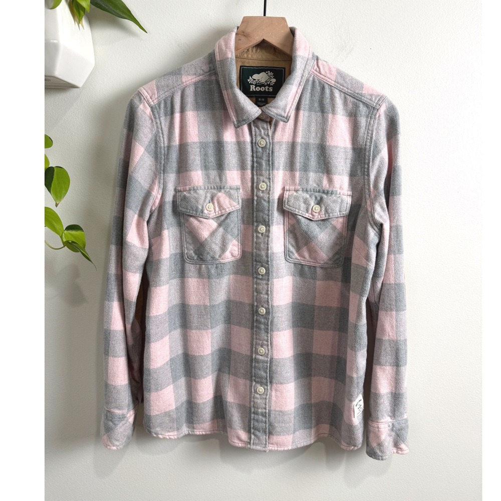 Roots Canada Pink Grey Plaid Flannel Shirt Corduroy Elbow Patches M Cabincore